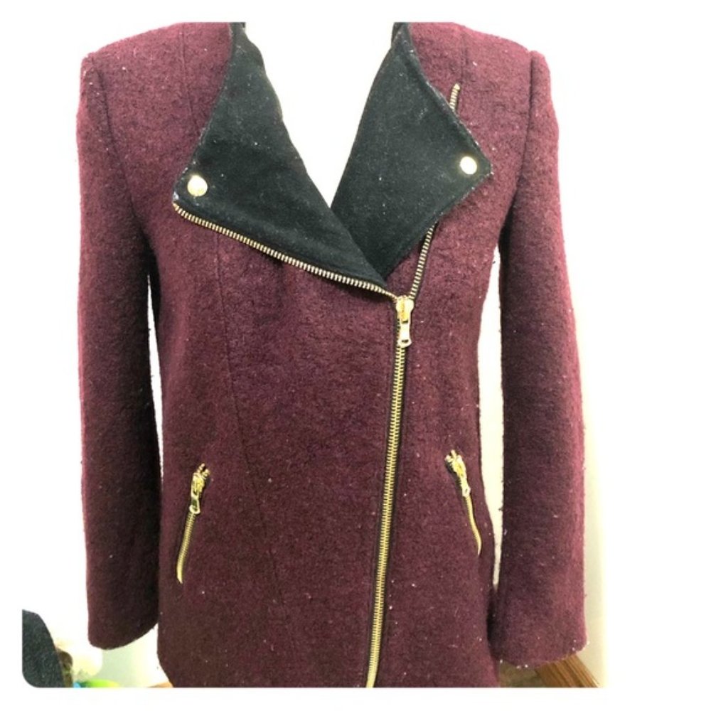 wool blazer asymmetrical zipper burgundy color